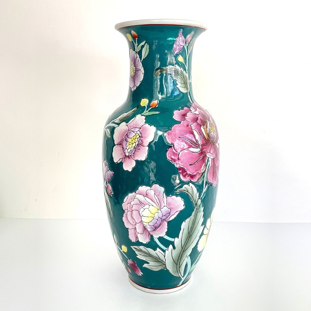 Vintage Chinese Porcelain Peony Floor Vase Teal Green Hand Painted Floral 12.25"